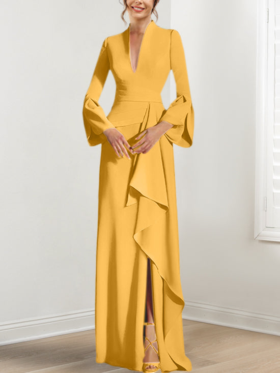 Sheath Column V Neck Long Sleeves Floor Length Mother Of The Bride Dresses With Split Side