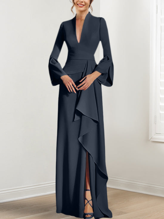 Sheath Column V Neck Long Sleeves Floor Length Mother Of The Bride Dresses With Split Side