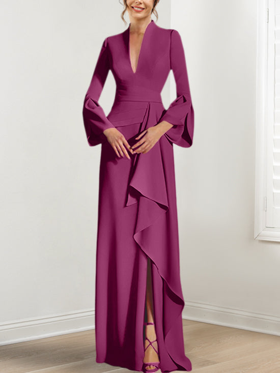 Sheath Column V Neck Long Sleeves Floor Length Mother Of The Bride Dresses With Split Side