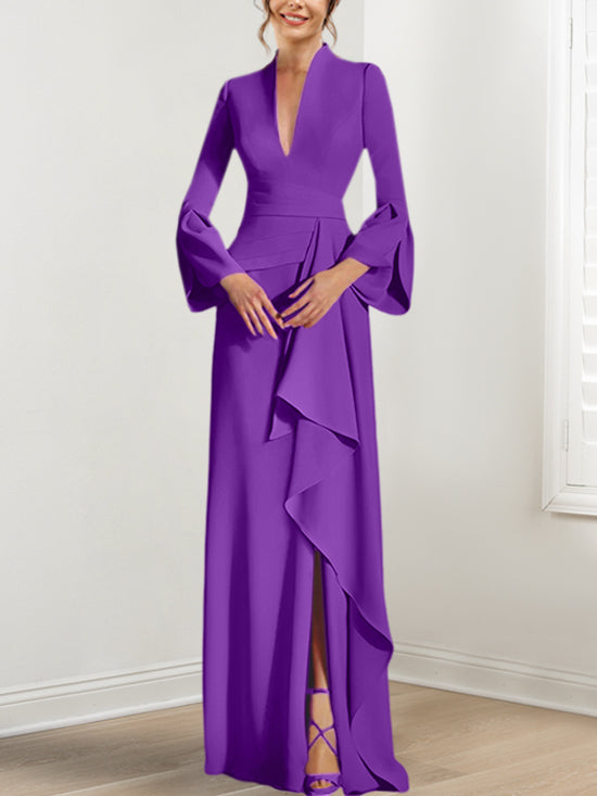Sheath Column V Neck Long Sleeves Floor Length Mother Of The Bride Dresses With Split Side