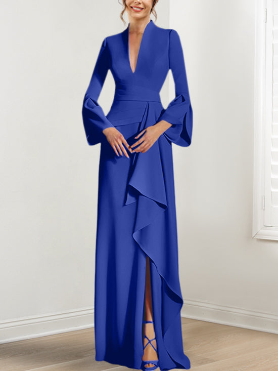 Sheath Column V Neck Long Sleeves Floor Length Mother Of The Bride Dresses With Split Side