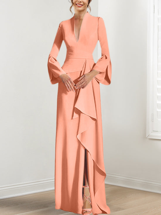 Sheath Column V Neck Long Sleeves Floor Length Mother Of The Bride Dresses With Split Side
