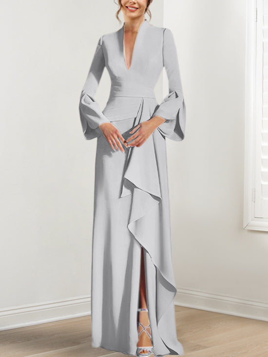 Sheath Column V Neck Long Sleeves Floor Length Mother Of The Bride Dresses With Split Side