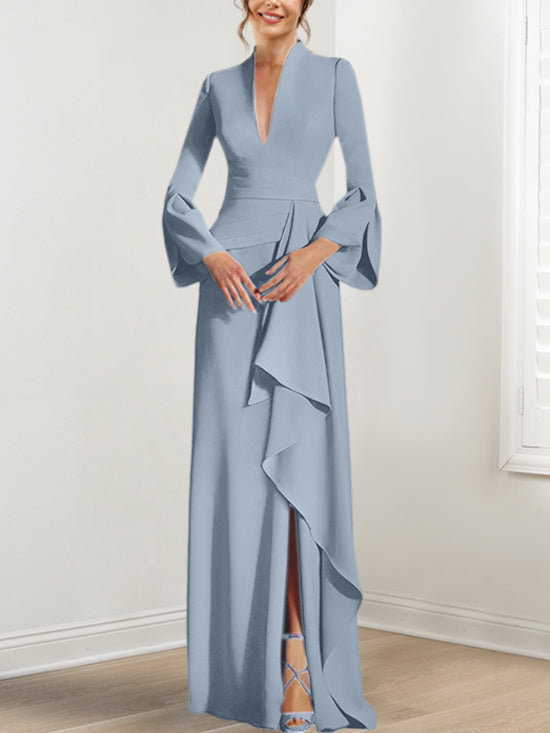 Sheath Column V Neck Long Sleeves Floor Length Mother Of The Bride Dresses With Split Side