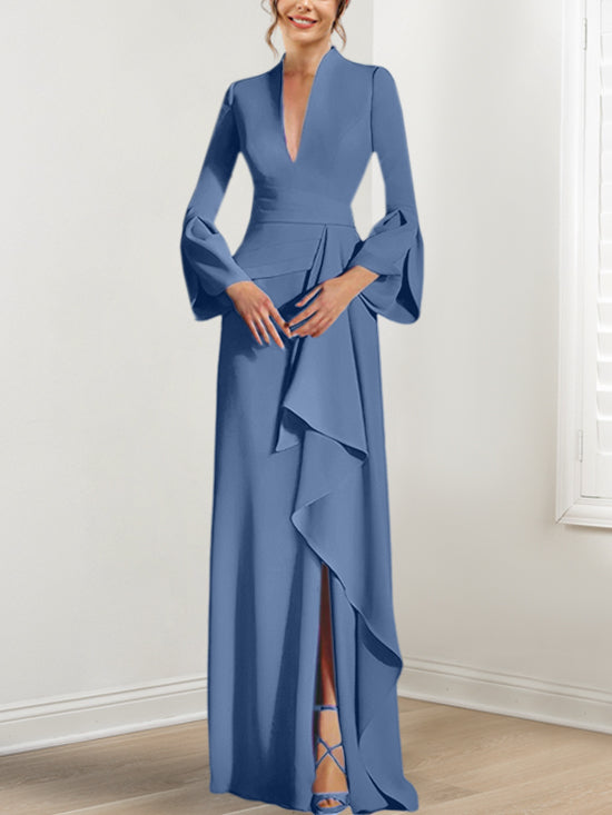 Sheath Column V Neck Long Sleeves Floor Length Mother Of The Bride Dresses With Split Side
