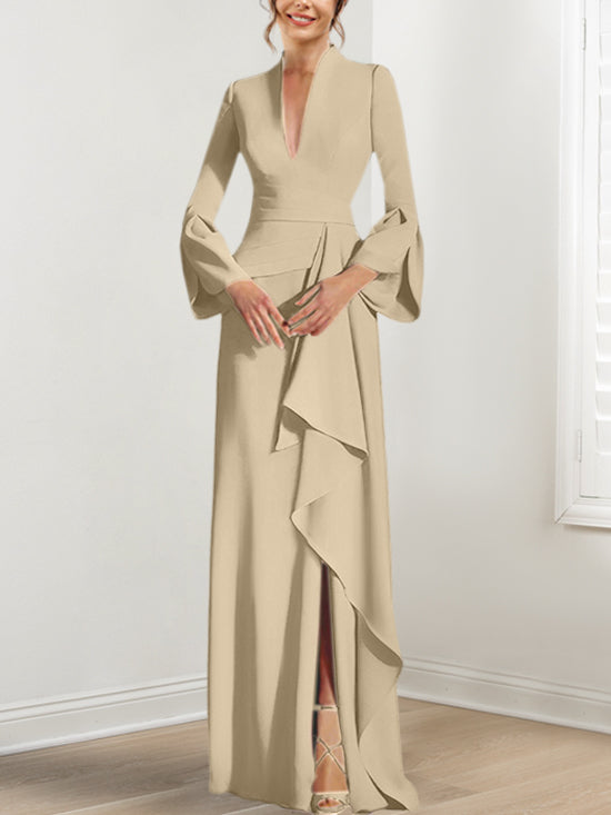 Sheath Column V Neck Long Sleeves Floor Length Mother Of The Bride Dresses With Split Side