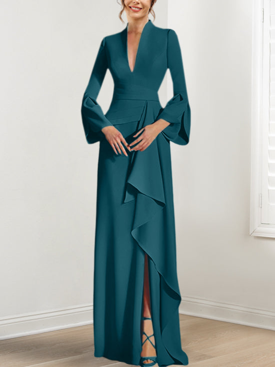Sheath Column V Neck Long Sleeves Floor Length Mother Of The Bride Dresses With Split Side