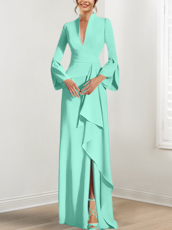 Sheath Column V Neck Long Sleeves Floor Length Mother Of The Bride Dresses With Split Side