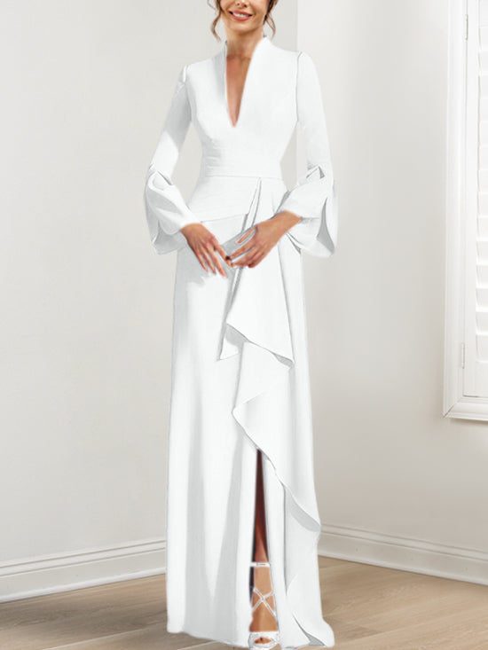 Sheath Column V Neck Long Sleeves Floor Length Mother Of The Bride Dresses With Split Side