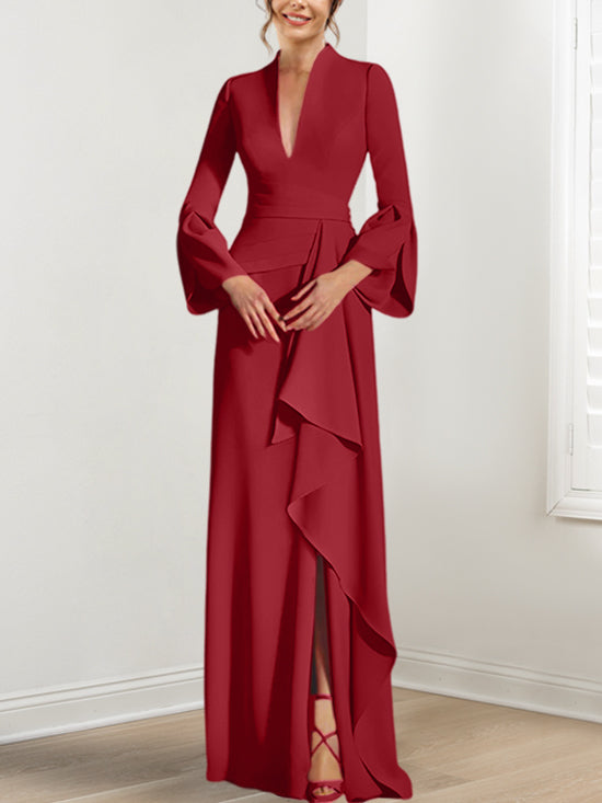 Sheath Column V Neck Long Sleeves Floor Length Mother Of The Bride Dresses With Split Side