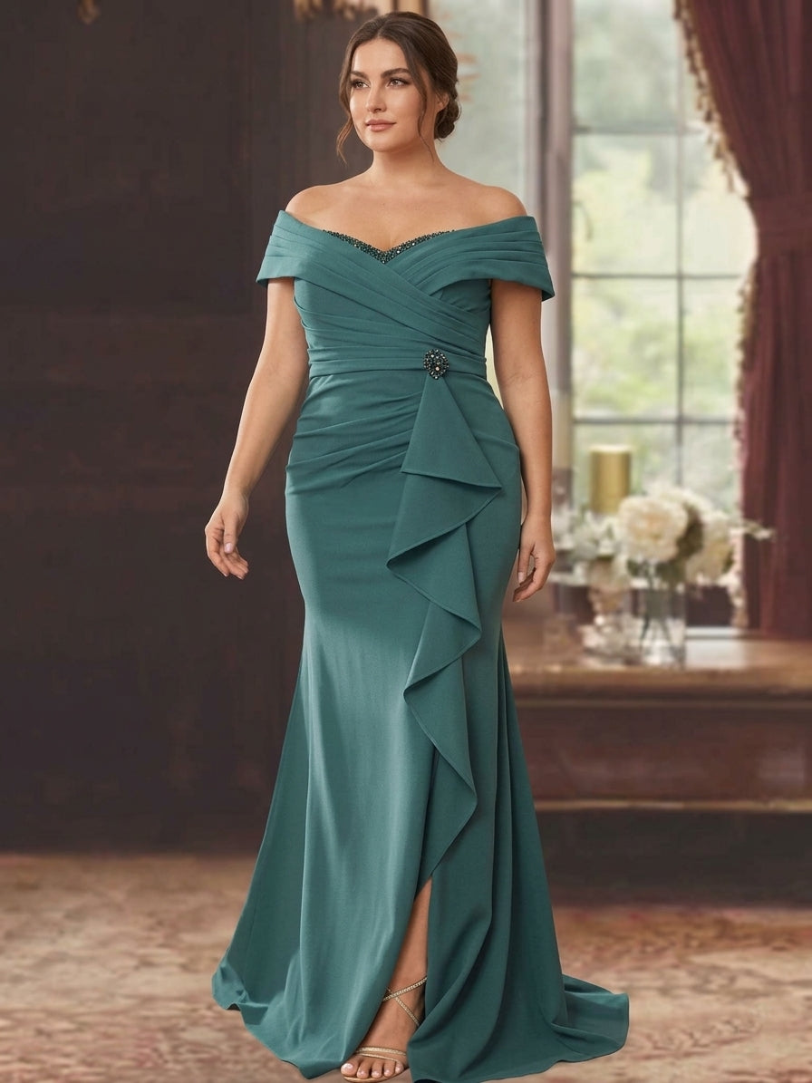 Sheath Column Off The Shoulder Sleeveless Floor Length Plus Size Mother Of The Bride Dresses With Ruffles