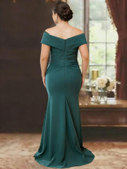 Sheath Column Off The Shoulder Sleeveless Floor Length Plus Size Mother Of The Bride Dresses With Ruffles