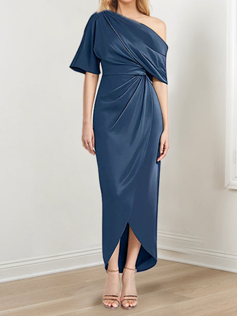 Sheath Column One Shoulder Short Sleeves Asymmetrical Mother Of The Bride Dresses With Ruffles