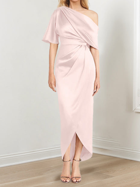 Sheath Column One Shoulder Short Sleeves Asymmetrical Mother Of The Bride Dresses With Ruffles