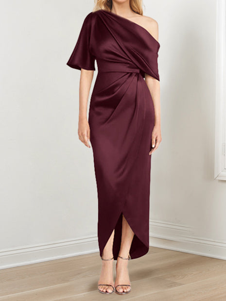 Sheath Column One Shoulder Short Sleeves Asymmetrical Mother Of The Bride Dresses With Ruffles