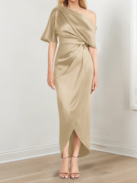 Sheath Column One Shoulder Short Sleeves Asymmetrical Mother Of The Bride Dresses With Ruffles