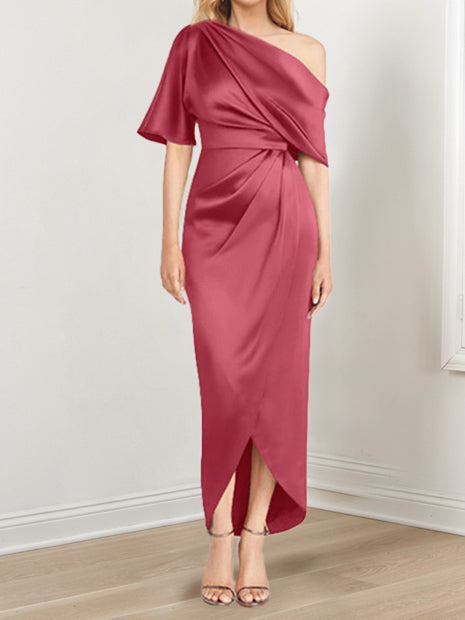 Sheath Column One Shoulder Short Sleeves Asymmetrical Mother Of The Bride Dresses With Ruffles