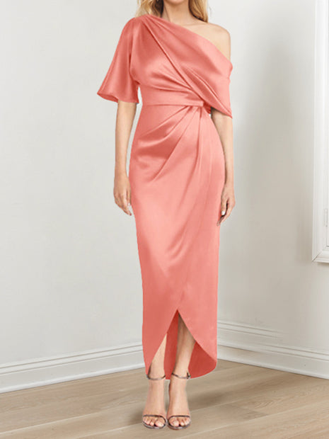 Sheath Column One Shoulder Short Sleeves Asymmetrical Mother Of The Bride Dresses With Ruffles
