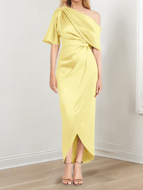Sheath Column One Shoulder Short Sleeves Asymmetrical Mother Of The Bride Dresses With Ruffles