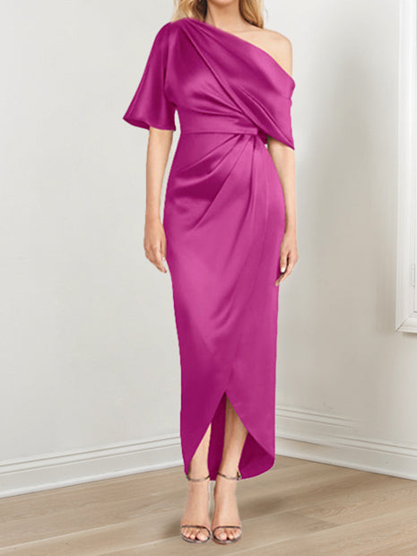 Sheath Column One Shoulder Short Sleeves Asymmetrical Mother Of The Bride Dresses With Ruffles