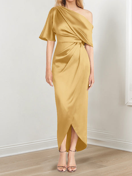 Sheath Column One Shoulder Short Sleeves Asymmetrical Mother Of The Bride Dresses With Ruffles