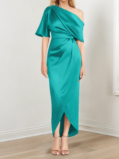 Sheath Column One Shoulder Short Sleeves Asymmetrical Mother Of The Bride Dresses With Ruffles