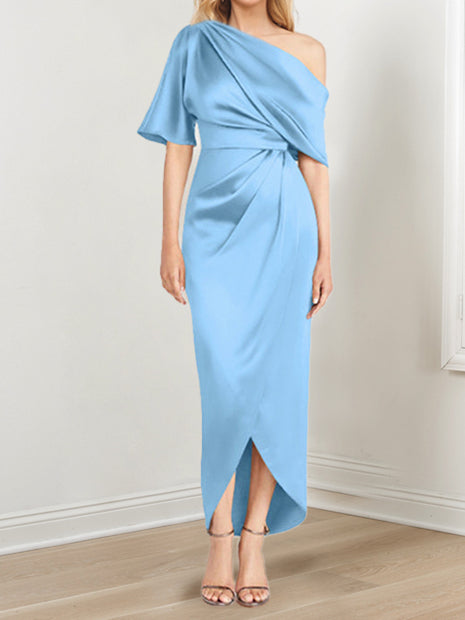 Sheath Column One Shoulder Short Sleeves Asymmetrical Mother Of The Bride Dresses With Ruffles