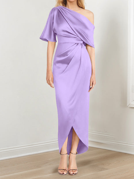 Sheath Column One Shoulder Short Sleeves Asymmetrical Mother Of The Bride Dresses With Ruffles