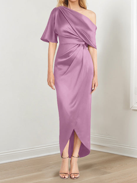 Sheath Column One Shoulder Short Sleeves Asymmetrical Mother Of The Bride Dresses With Ruffles