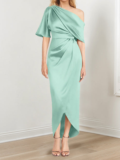 Sheath Column One Shoulder Short Sleeves Asymmetrical Mother Of The Bride Dresses With Ruffles