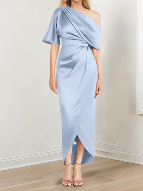 Sheath Column One Shoulder Short Sleeves Asymmetrical Mother Of The Bride Dresses With Ruffles