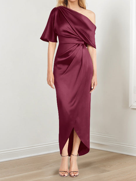 Sheath Column One Shoulder Short Sleeves Asymmetrical Mother Of The Bride Dresses With Ruffles