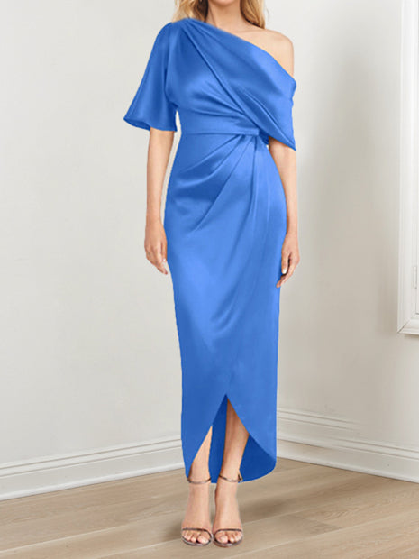 Sheath Column One Shoulder Short Sleeves Asymmetrical Mother Of The Bride Dresses With Ruffles