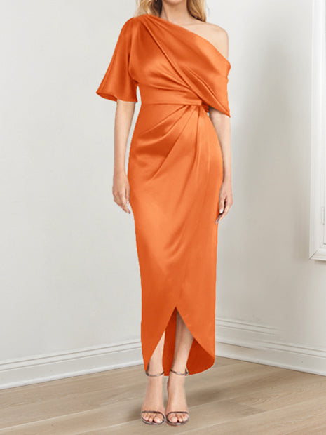 Sheath Column One Shoulder Short Sleeves Asymmetrical Mother Of The Bride Dresses With Ruffles