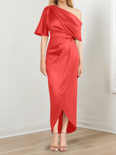 Sheath Column One Shoulder Short Sleeves Asymmetrical Mother Of The Bride Dresses With Ruffles