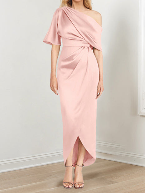 Sheath Column One Shoulder Short Sleeves Asymmetrical Mother Of The Bride Dresses With Ruffles