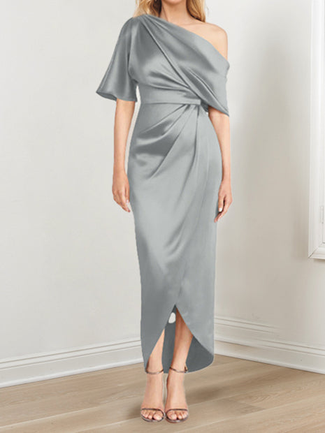 Sheath Column One Shoulder Short Sleeves Asymmetrical Mother Of The Bride Dresses With Ruffles