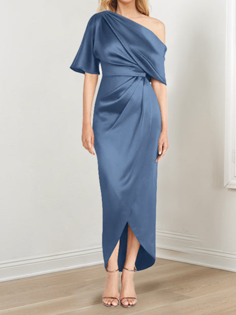 Sheath Column One Shoulder Short Sleeves Asymmetrical Mother Of The Bride Dresses With Ruffles