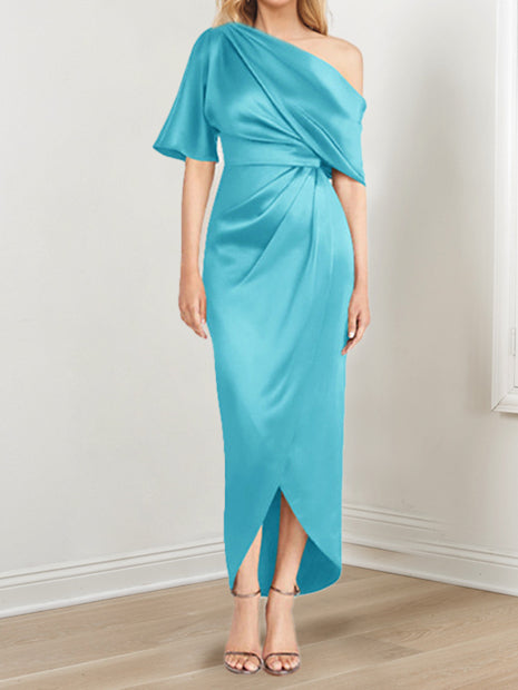 Sheath Column One Shoulder Short Sleeves Asymmetrical Mother Of The Bride Dresses With Ruffles