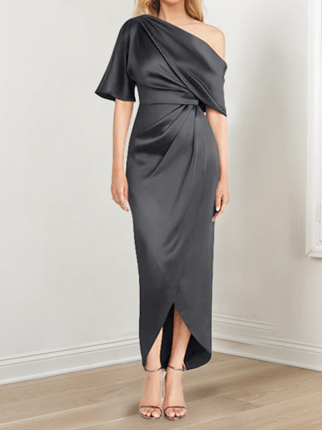 Sheath Column One Shoulder Short Sleeves Asymmetrical Mother Of The Bride Dresses With Ruffles