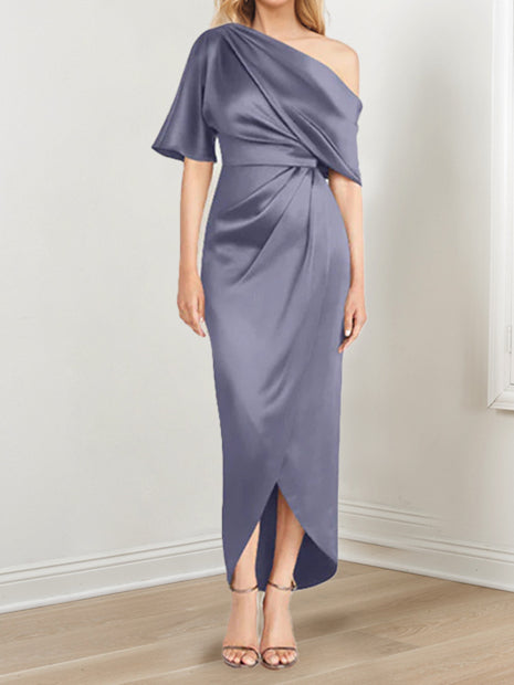 Sheath Column One Shoulder Short Sleeves Asymmetrical Mother Of The Bride Dresses With Ruffles