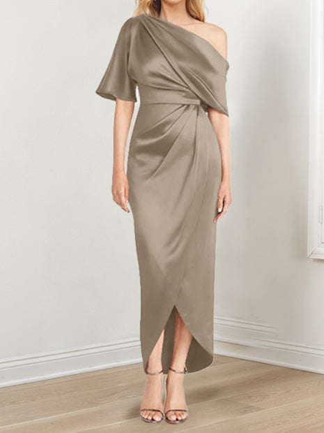 Sheath Column One Shoulder Short Sleeves Asymmetrical Mother Of The Bride Dresses With Ruffles