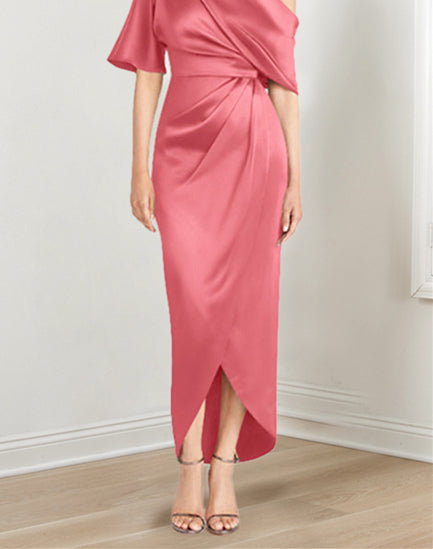 Sheath Column One Shoulder Short Sleeves Asymmetrical Mother Of The Bride Dresses With Ruffles