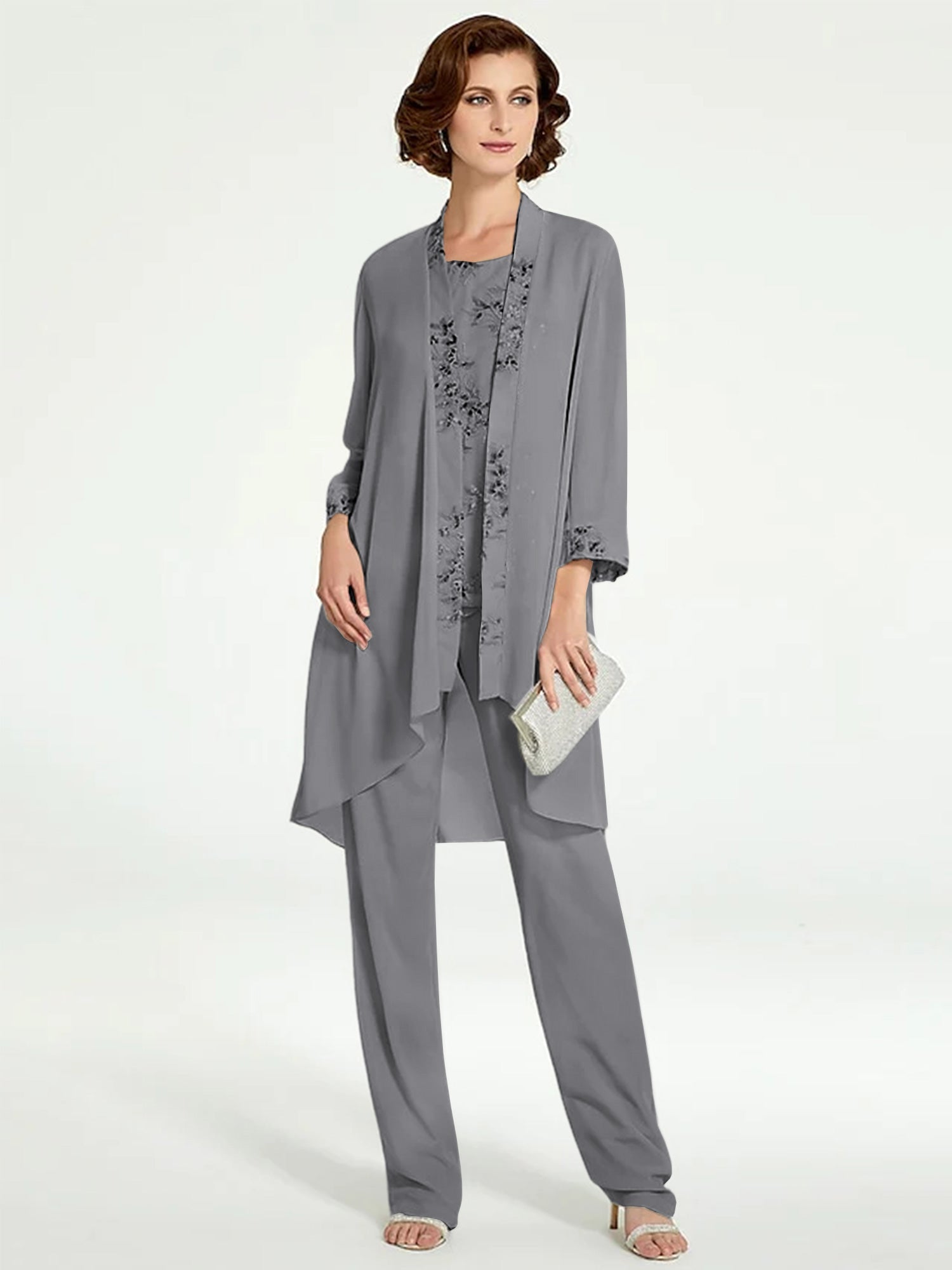 Chiffon Round Neck Floor Length Mother Of The Bride Pantsuits With Jacket