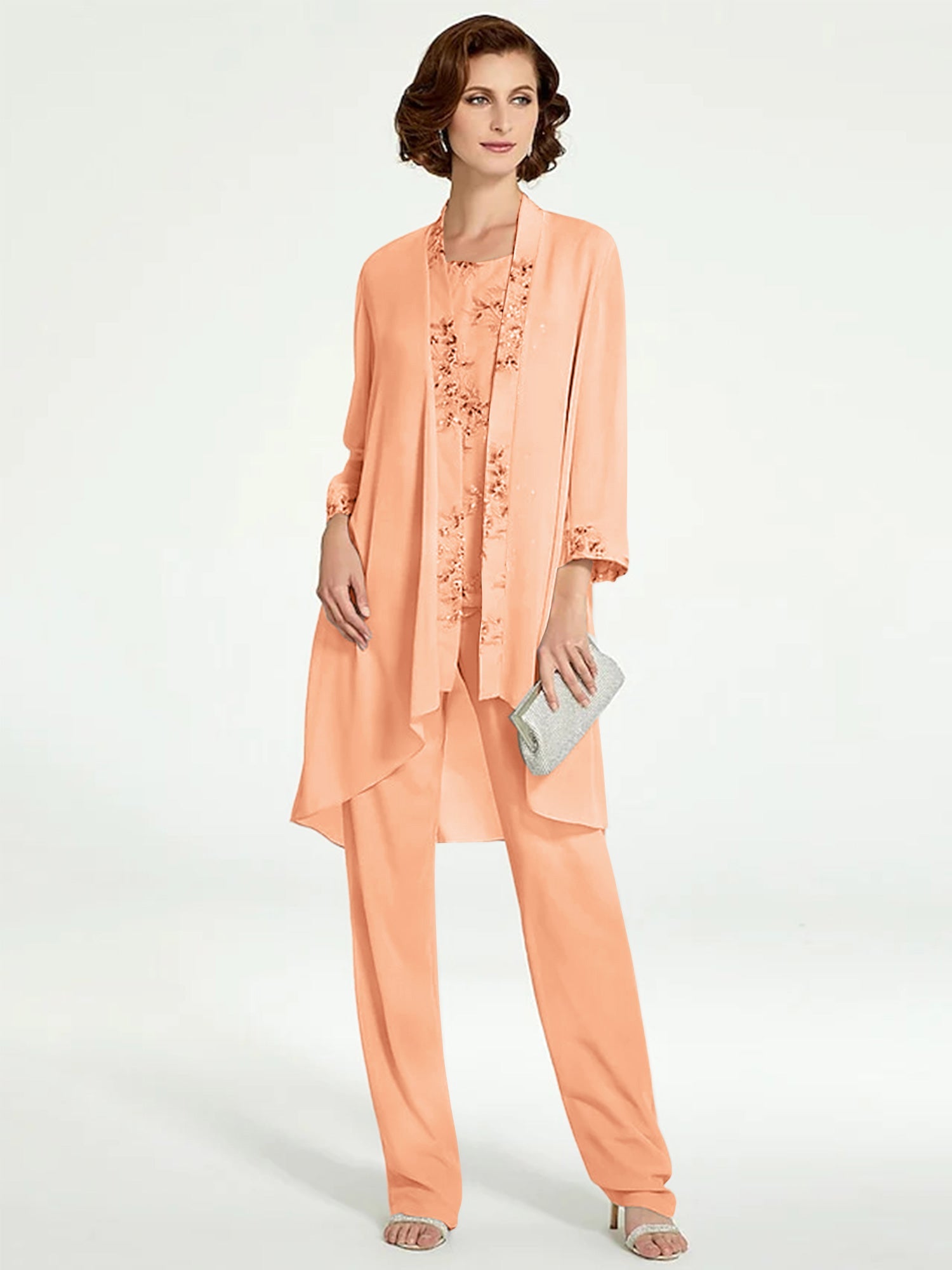 Chiffon Round Neck Floor Length Mother Of The Bride Pantsuits With Jacket