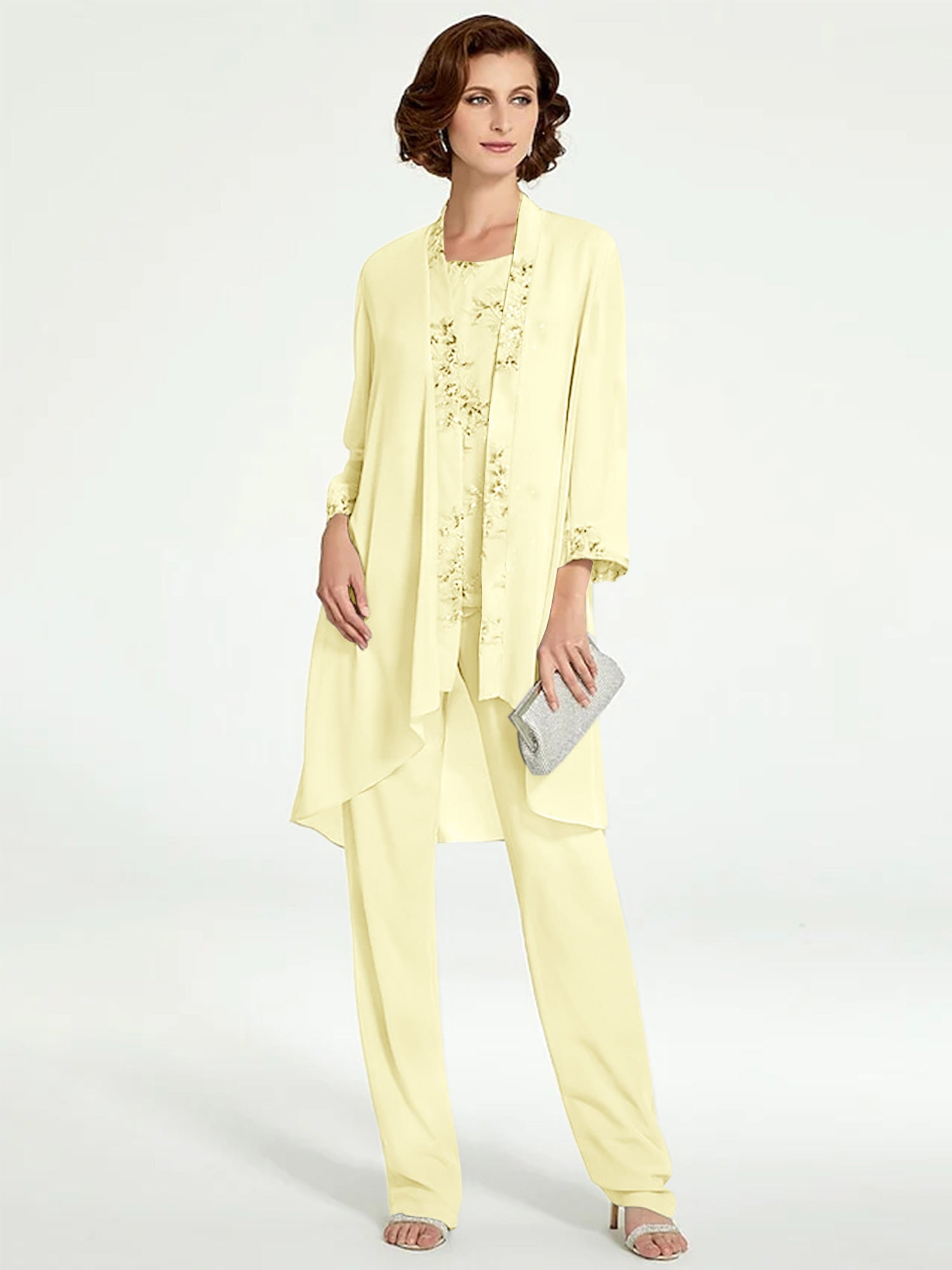 Chiffon Round Neck Floor Length Mother Of The Bride Pantsuits With Jacket