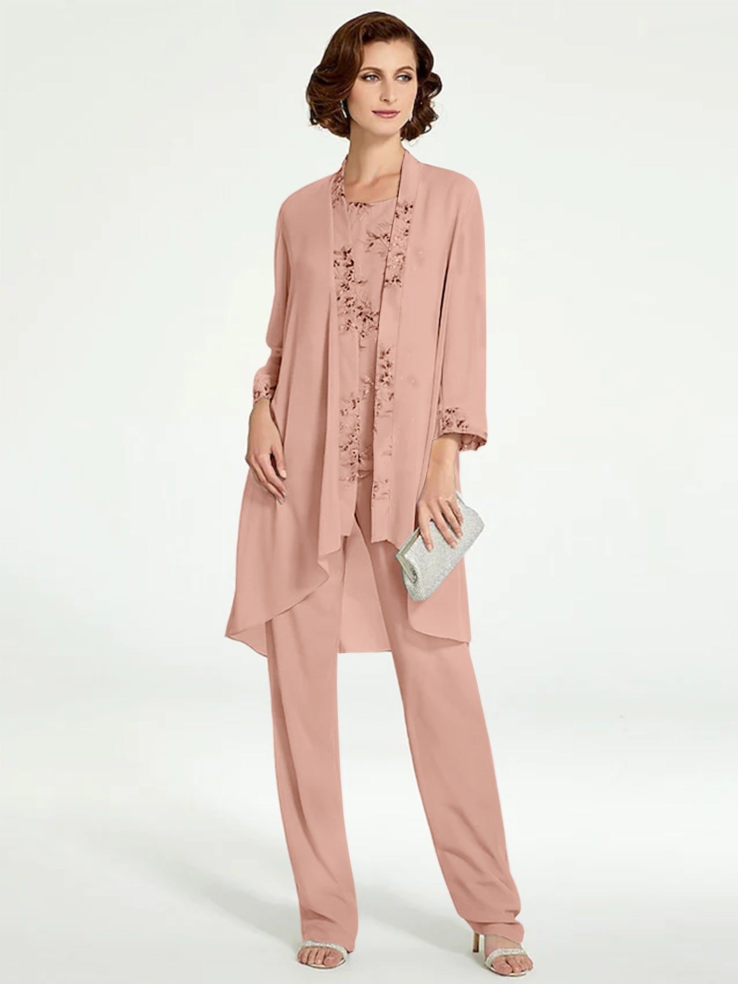 Chiffon Round Neck Floor Length Mother Of The Bride Pantsuits With Jacket