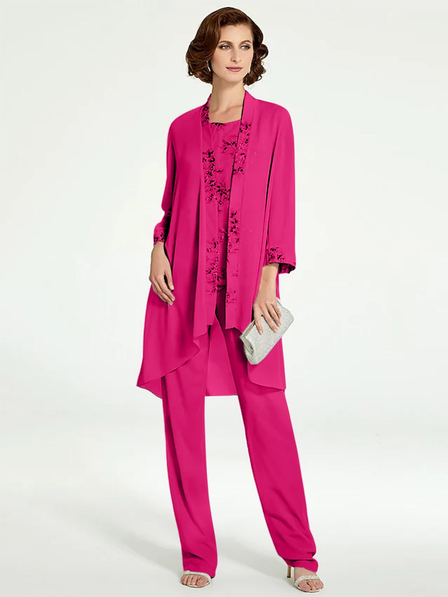 Chiffon Round Neck Floor Length Mother Of The Bride Pantsuits With Jacket