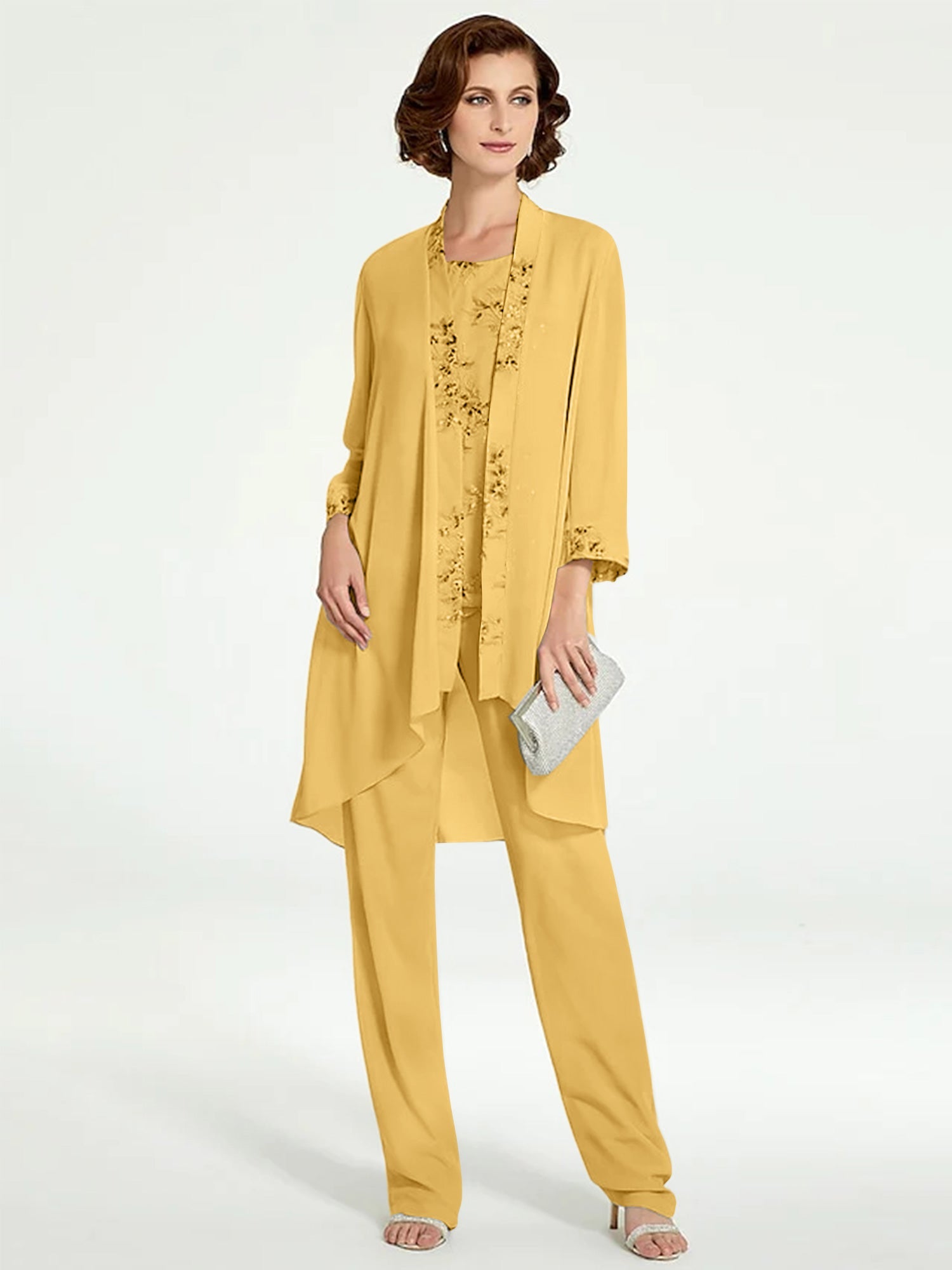 Chiffon Round Neck Floor Length Mother Of The Bride Pantsuits With Jacket