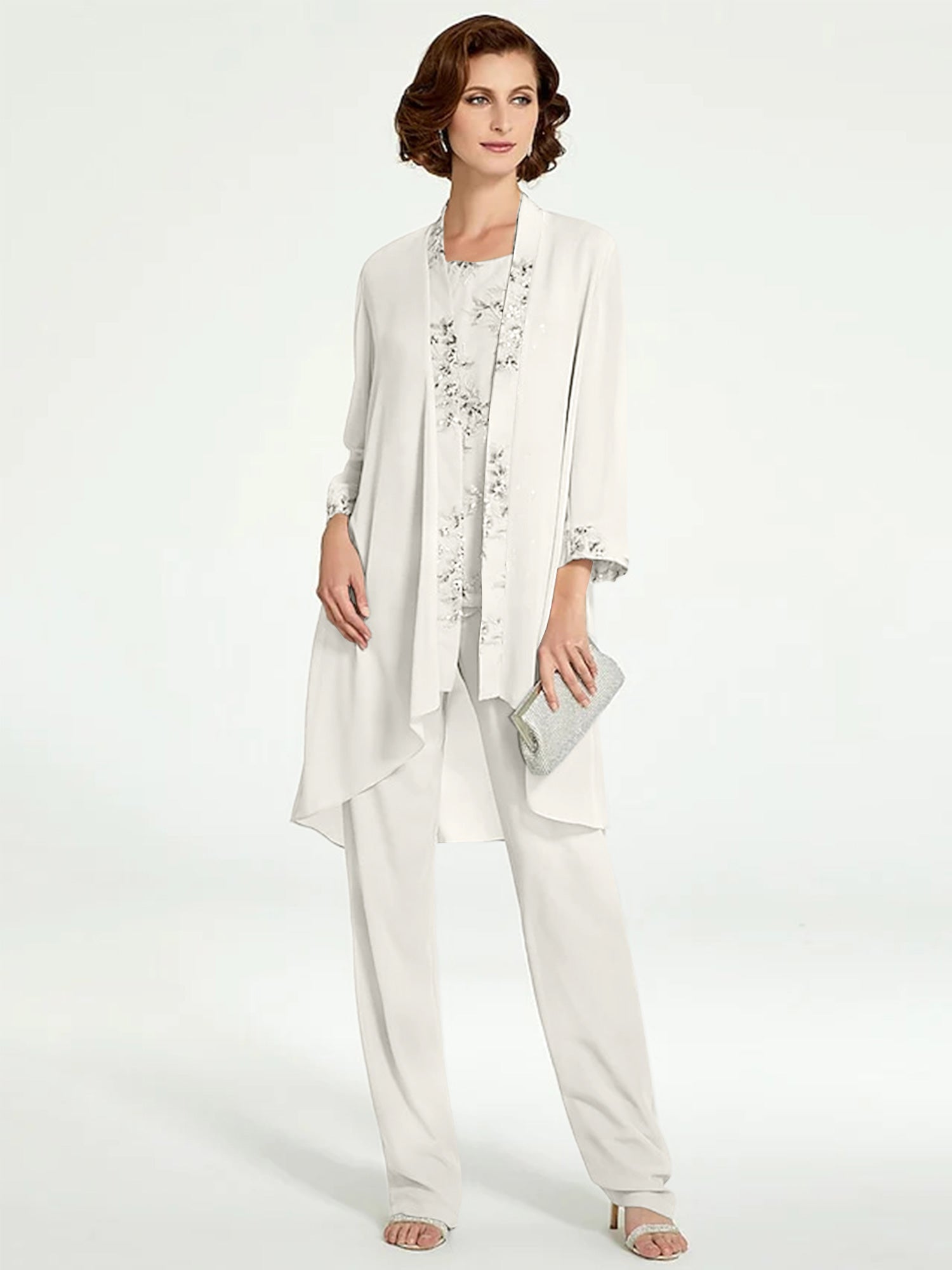 Chiffon Round Neck Floor Length Mother Of The Bride Pantsuits With Jacket